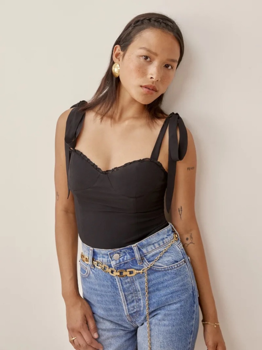 Reformation Black Tie-Shoulder Sweetheart Tank